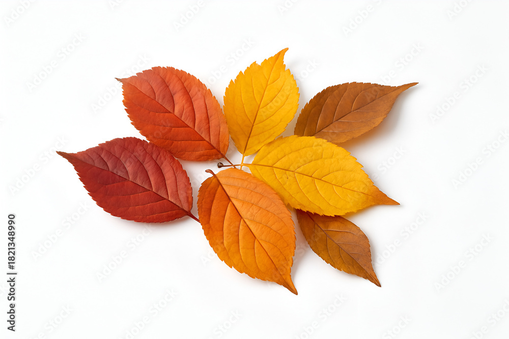 Fototapeta premium Collection of colorful autumn leaves in red orange and yellow tones arranged in a cluster isolated on white background 