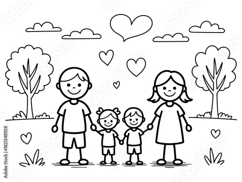 A happy family of four, including parents and two children, holding hands and surrounded by hearts and trees, as a symbol of love and unity.
