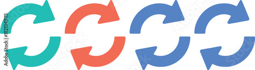 Vector set of four colorful circular arrows, each forming a complete cycle for concepts like recycling, reloading, or continuous process flow