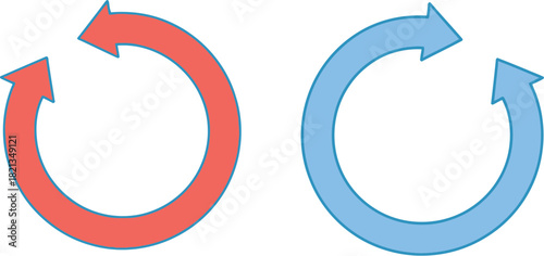 Two distinct circular arrow symbols in red and blue, illustrating continuous flow, cyclical processes, refresh mechanisms, and an endless loop concept for modern digital interfaces and diagrams