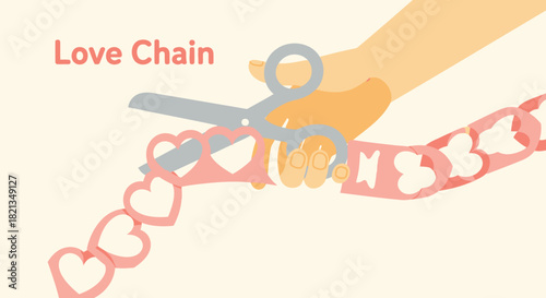 Hand holding scissors cutting a pink paper chain of hearts symbolizing the end of a relationship or love story