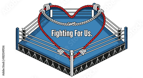 Boxing ring ropes form a heart shape with the words fighting for us inside symbolizing love and determination