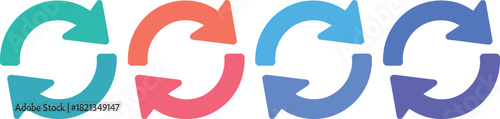 Set of four modern gradient recycling and refresh symbols in dynamic colors, ideal for illustrating concepts of sustainability, environmental renewal, and continuous circular processes