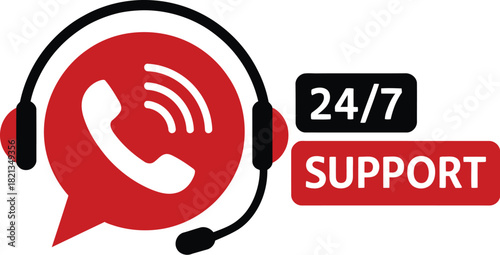 24/7 Customer Support Icon Telephone Headset and Support Text for Assistance and Help