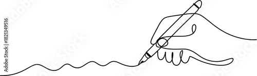 Smooth continuous line drawing of a hand holding a pen and creating a wavy mark, an elegant illustration representing artistic expression, writing, or creative thought