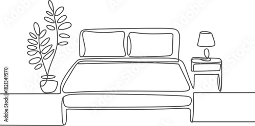 Elegant One-Line Drawing of a Bedroom Interior with Bedside Table and Plant