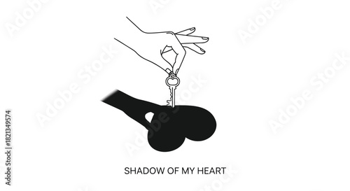 A delicate hand holds a vintage key casting a shadow in the shape of a heart on a white background