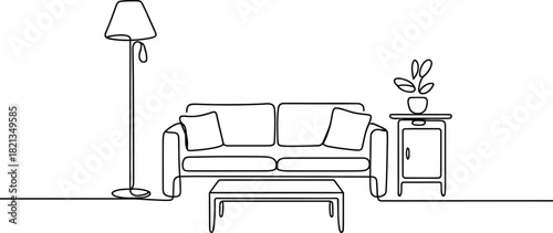 Modern minimalist living room interior sketch with continuous line art, featuring a comfortable sofa, elegant floor lamp, and decorative plant on a side table, illustrating contemporary home design