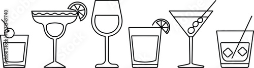 A delicate and elegant illustration of assorted cocktail glasses, drawn with a simple black outline for a minimalist and sophisticated aesthetic