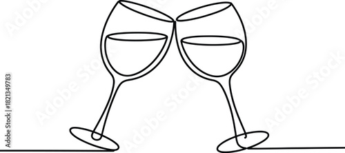Minimalist continuous one-line drawing of two wine glasses clinking in a celebratory toast, an elegant and delicate vector illustration