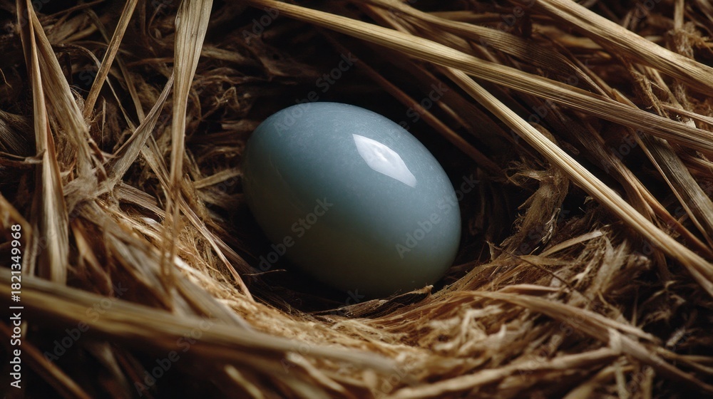 Obraz premium A small blue egg is sitting in a nest made of straw. The egg is surrounded by a lot of straw, and it is the only object in the nest