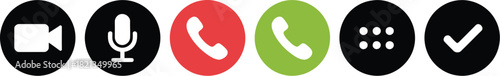 A set of communication icons, featuring a camera, microphone, and phone symbols in red and green, with a checkmark icon