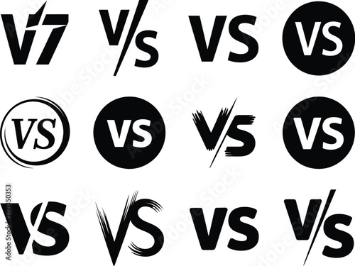 A diverse collection of black VS or versus logo icons for competition and battle themes. This vector illustration set is isolated on a white background