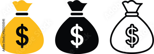 Money Bag Icons Yellow, Black, and Outline Versions Featuring Dollar Sign Symbols