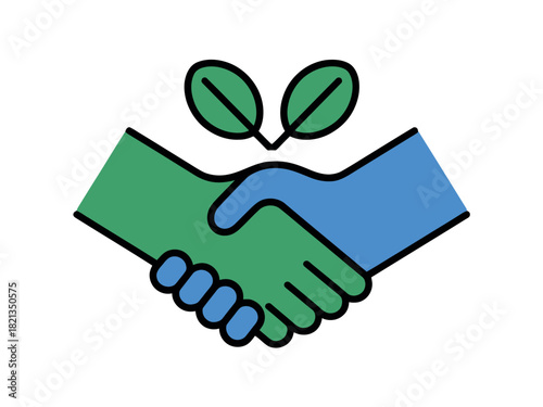 Two hands shake in agreement over a sprouting green plant, symbolizing partnership and growth.
