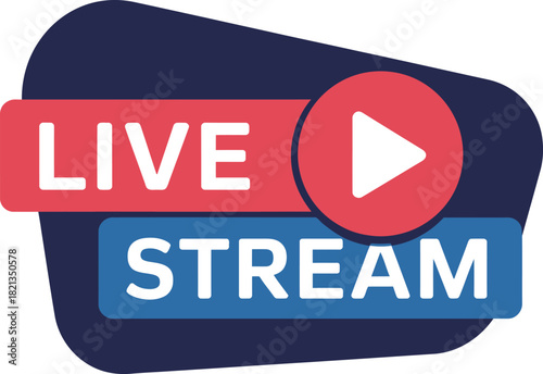 Bold 'LIVE STREAM' icon, with white text on red and blue banners, plus a red play button, symbolizing real-time online video content and broadcasting