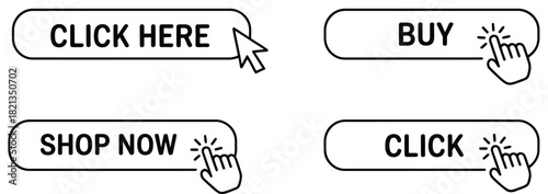 Collection of clickable button icons with hand cursor and mouse pointer illustrations for online shopping and web design