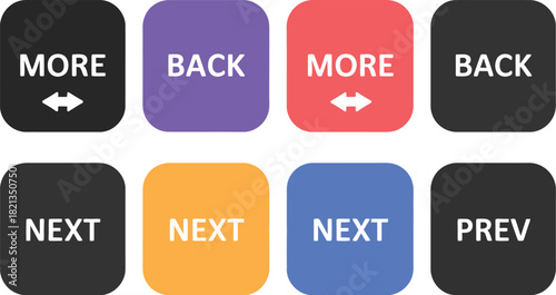 Vector illustration of a colorful button set for website and application user interface, including more, back, next, and previous navigation controls
