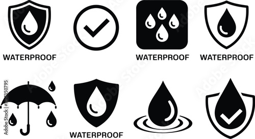 Collection of Vector Icons for Waterproofing and Water Resistance, Symbolizing Product Protection, Durability, and Quality Standards