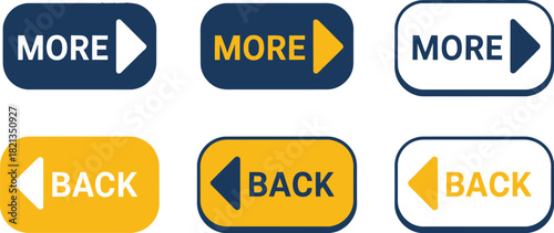 Collection of Six Rounded Rectangular Buttons with Text 'MORE' and 'BACK', Displayed in Two Rows