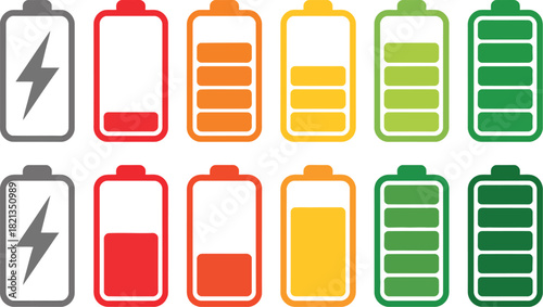 A set of colorful battery charge level indicator icons from empty red to full green, including a charging symbol for user interfaces