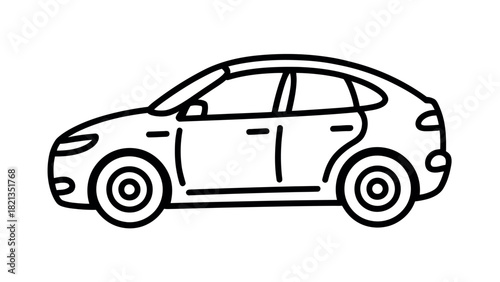 A simple line drawing of a sedan car shows its sleek profile and functional design elements.