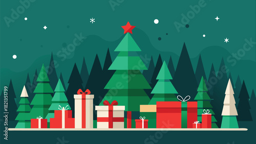 festive Christmas table setting featuring wrapped presents and decorative trees in the background..eps