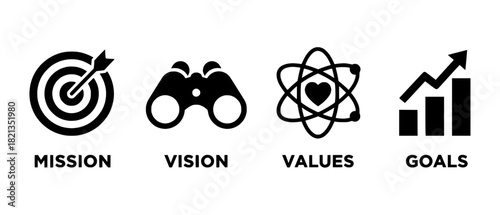 Mission Vision Values Goals Business Strategy Icons Representing Company Objectives and Success