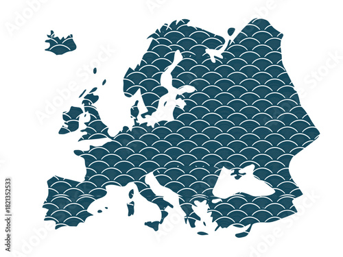An abstract illustration of the continent of Europe outlined with a decorative Japanese Seigaiha wave pattern.