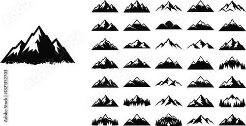 Set of Black Vector Mountain Range Silhouettes, Featuring Pine Tree Forests and Rough Grunge Edges, Perfect for Outdoor Adventure, Hiking Badges, Tourism Logos, and Wilderness Camping Design Assets.