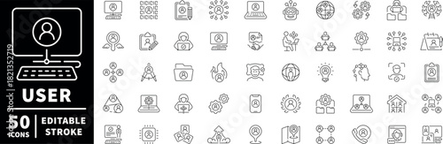 User management icons set: editable line icons, outline, admin and profile tools