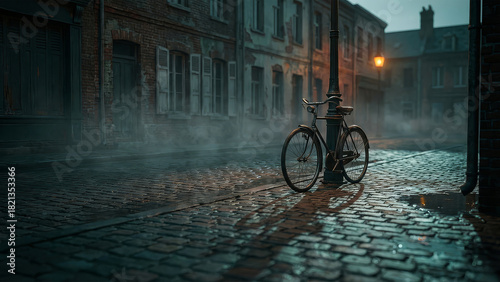 Rain-Soaked Dawn Street with Bicycle and Fog