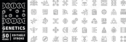 Genetics icons set with editable line icons. outline, biological, science symbols