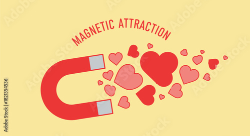 Red horseshoe magnet attracting a cloud of pink and red hearts symbolizing love and connection