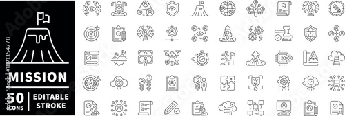 Mission line icons set. Thin line icons collection related to mission. Outline icons pack. Mission, Vision, Core Focus, Core Value, Research, Values, Excellence, Ideas, Goal illustration.