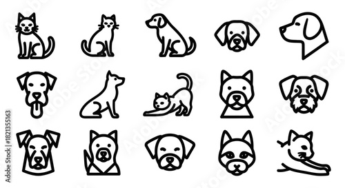 Collection of Minimalist Dog Icons - Various Breeds and Poses in Black Outline.
