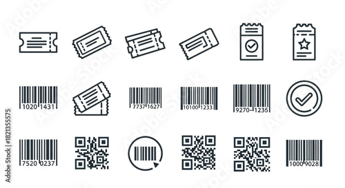 Collection of Minimalist Ticket, Barcode, and QR Code Line Icons.