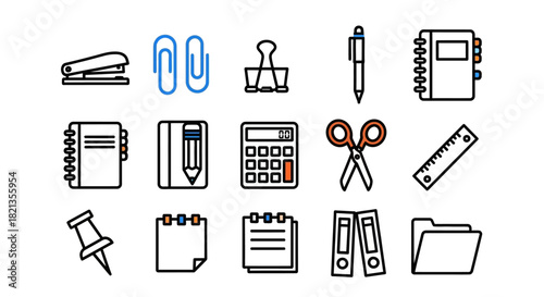 Collection of Modern Flat Design Office and School Stationery Icons.