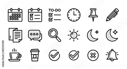 Collection of Modern Flat Icons Representing Productivity and Daily Tasks.