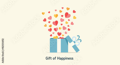 A blue gift box opens to reveal a cascade of colorful hearts floating upwards against a light cream background