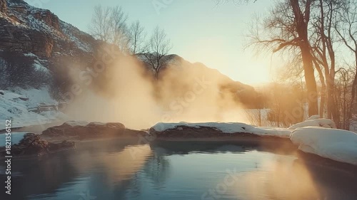 Tranquil hot spring scene with steam rising, showcasing serene water and surrounding nature, camera pans and zooms in for detail