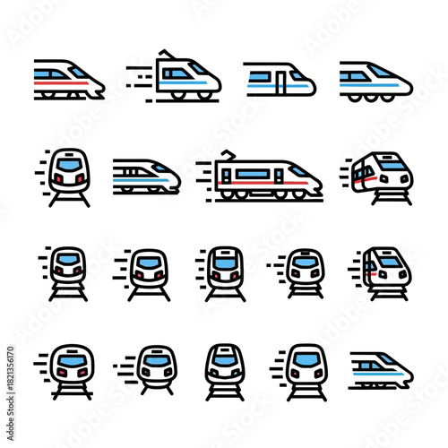 Collection of Modern High-Speed Train Icons with Sleek Designs.