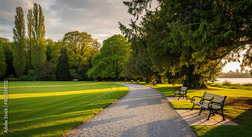 Fototapeta Naklejka Na Ścianę i Meble -  Park path at sunset with empty benches and a lush green lawn. Tranquil landscape for relaxation and nature backgrounds.