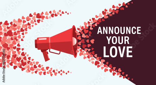 Red megaphone broadcasting a cascade of red hearts with the words announce your love in white text on a dark background