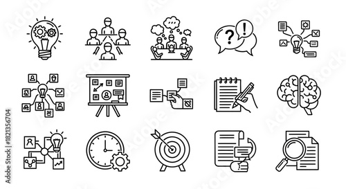 Collection of monochrome doodle line art icons for business, strategy, ideas, planning, and teamwork concepts.