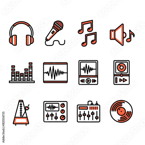 Collection of Music and Audio Related Icons with Stylized Design.