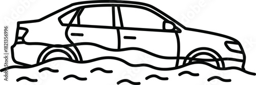 Car flooded in water black and white