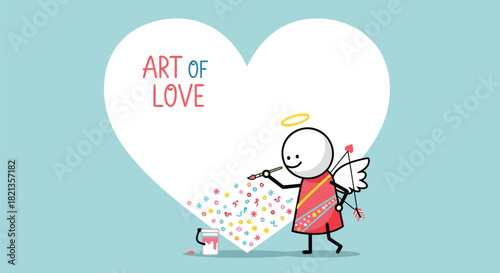 Cute stick figure cupid character painting colorful hearts and flowers onto a large white heart with the words art of love