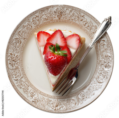 Strawberry cream tart slice on ornate plate image isolated transparent. Berry topping. Top view of fresh fruit dessert with fork cut out photo png. Cutout element object photography