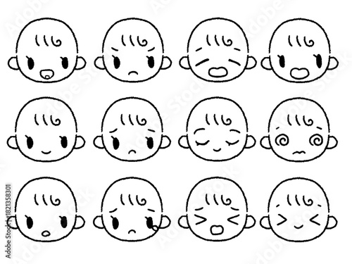 手描きの赤ちゃん表情セット白黒２